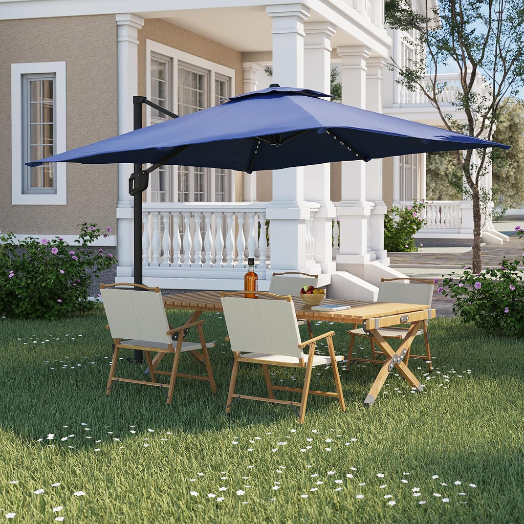 10 FT Offset Patio Umbrella with Solar Lights and Cross Base, Cantilever Umbrella with Easy Tilt Adjustment, Polyester Shade for Garden, Deck, Pool, Backyard
