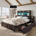 LUXOAK Full Bed Frame with 49.6' Bookcase Headboard & 2 Bedside Stoage Racks & 4 Drawers, Farmhouse Wood Bed Frame with RGB LED & Charging Station, No Box Spring Needed, Black