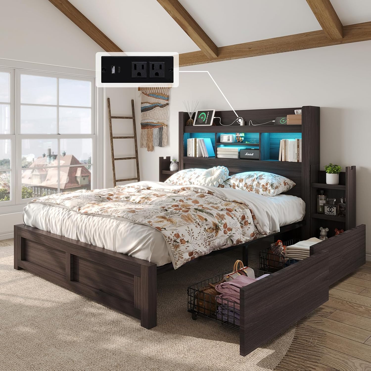LUXOAK Full Bed Frame with 49.6' Bookcase Headboard & 2 Bedside Stoage Racks & 4 Drawers, Farmhouse Wood Bed Frame with RGB LED & Charging Station, No Box Spring Needed, Black