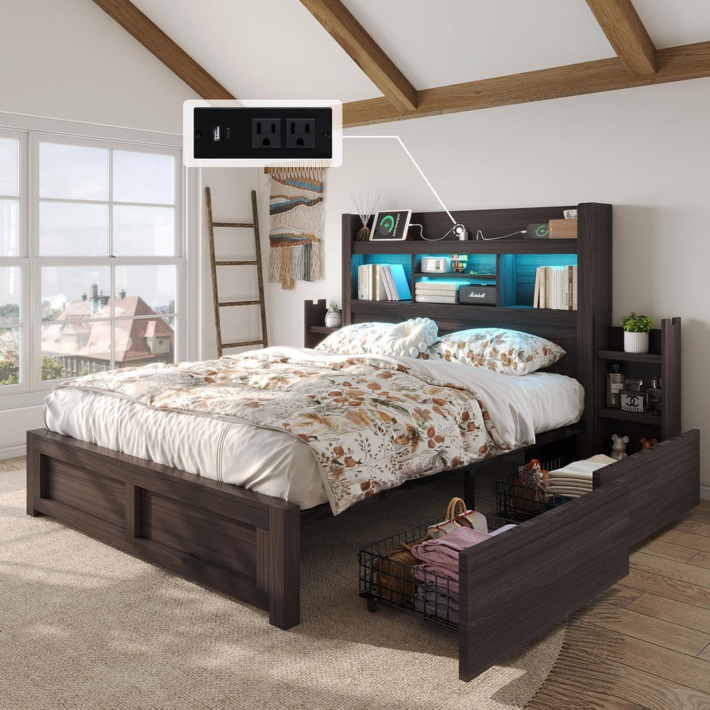 LUXOAK Queen Bed Frame with 49.6' Bookcase Headboard & 2 Bedside Stoage Racks & 4 Drawers, Farmhouse Wood Bed Frame with RGB LED & Charging Station, No Box Spring Needed, Black