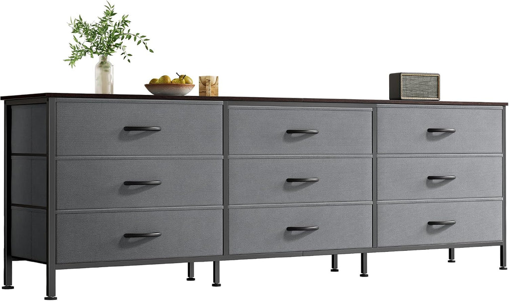Huuger 63 Inch Dresser for Bedroom, Dresser for Closet with 9 Fabric Drawers, Large TV Stand for 55, 65, 70 Inch TV, Entertainment Center with Storage, Wide Long Chest of Drawers, Walnut and Dark Grey