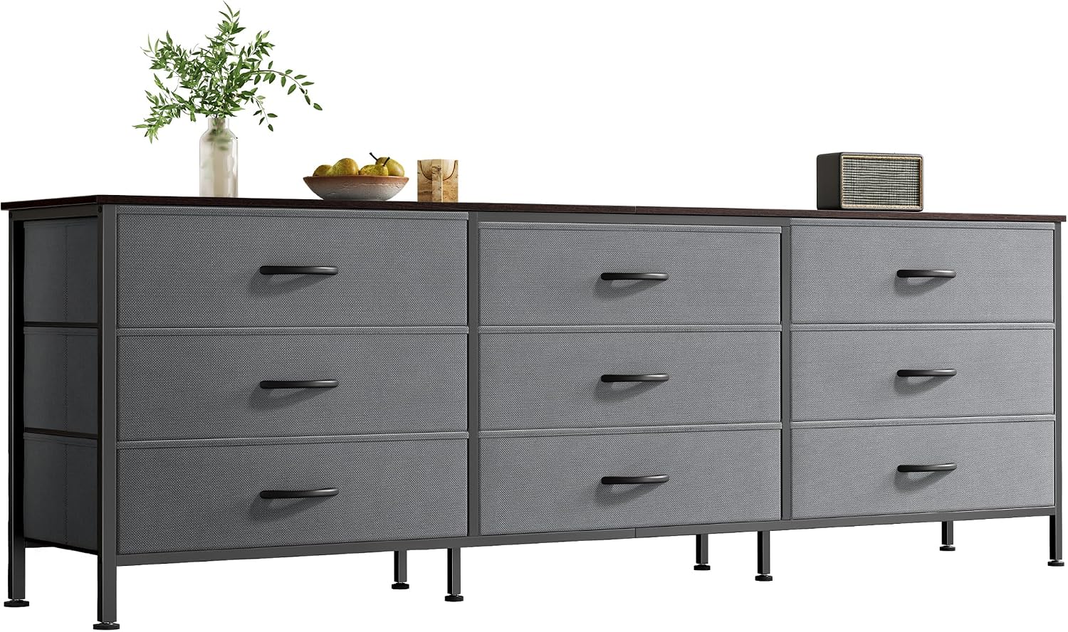 Huuger 63 Inch Dresser for Bedroom, Dresser for Closet with 9 Fabric Drawers, Large TV Stand for 55, 65, 70 Inch TV, Entertainment Center with Storage, Wide Long Chest of Drawers, Walnut and Dark Grey