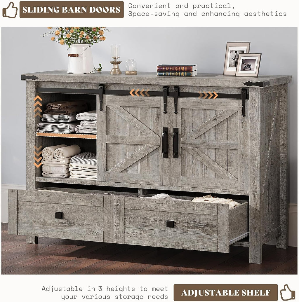 AMERLIFE 2PCS Farmhouse Dresser Set with Sliding Barn Doors, Bedroom Sets Include 47'' Dresser with 4 Drawers, 5-Drawer Tall Dresser, Light Rustic Oak