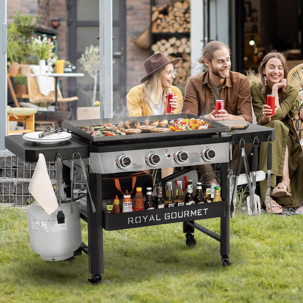Royal Gourmet GB4007 4 Burner Propane Gas Griddle with Folding Side Tables, 34-Inch Flat Top Grill with 52,000 BTUs Output for Outdoor Cooking like Camping or Tailgating, Black & Silver