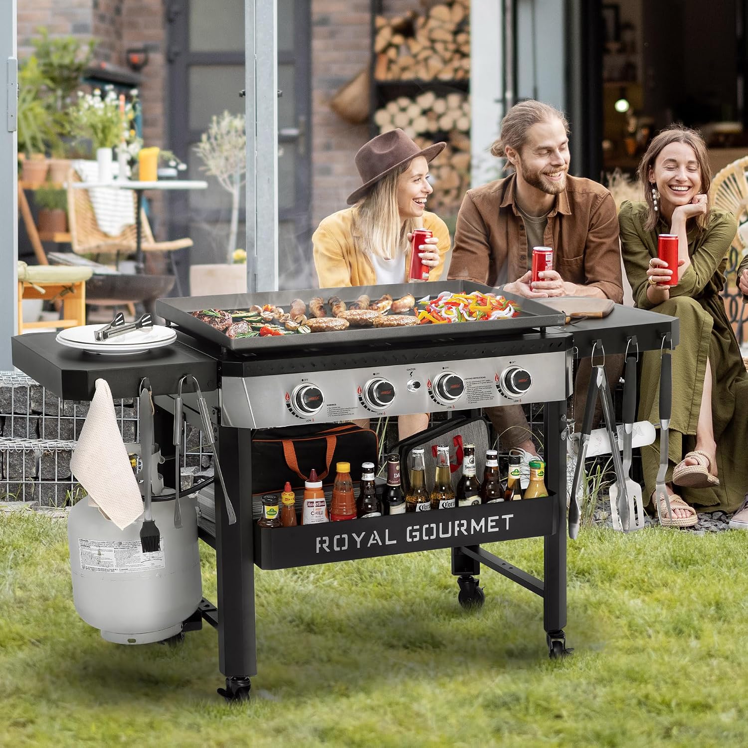 Royal Gourmet GB4007 4 Burner Propane Gas Griddle with Folding Side Tables, 34-Inch Flat Top Grill with 52,000 BTUs Output for Outdoor Cooking like Camping or Tailgating, Black & Silver