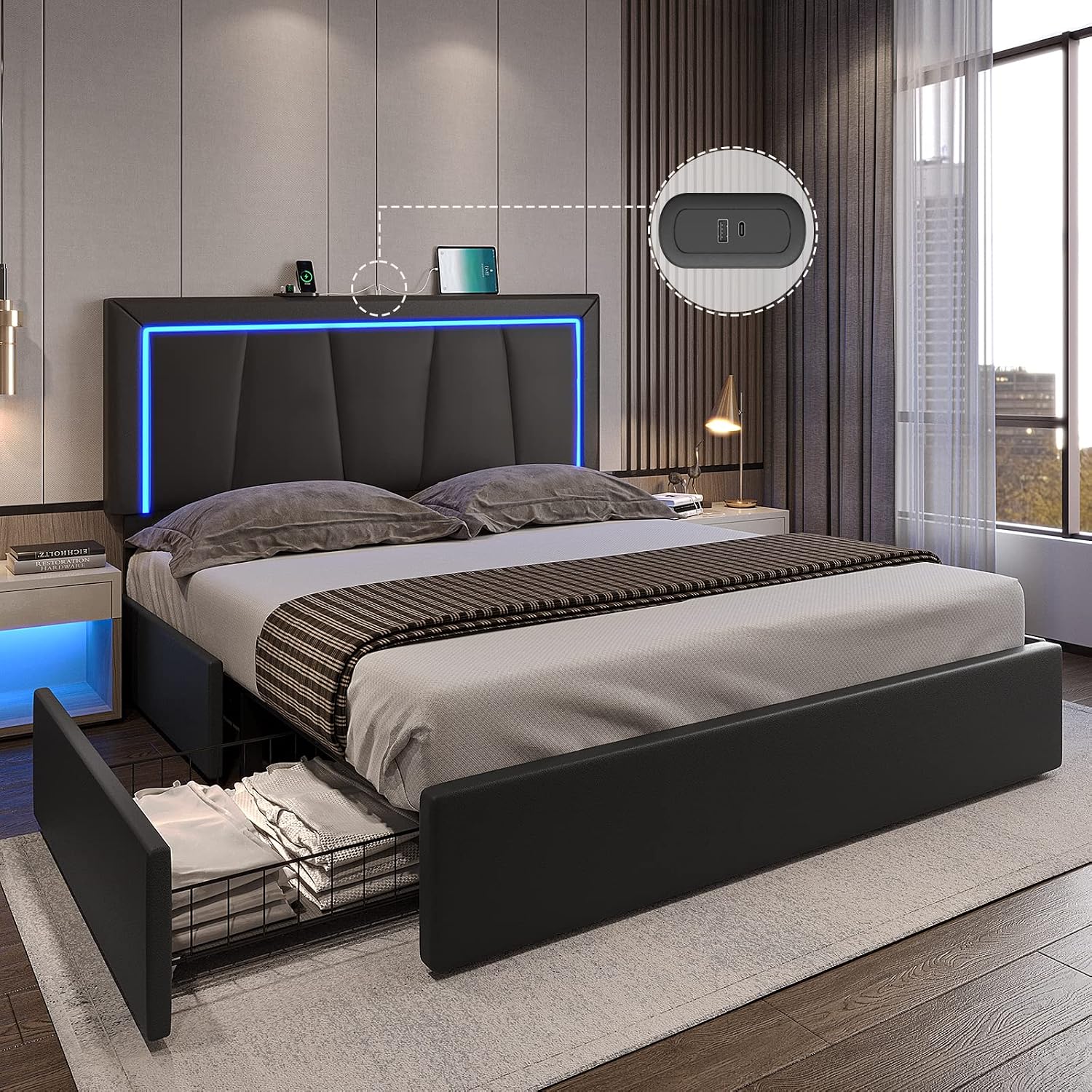 DICTAC Full Size Bed Frame with Headboard and 4 Storage Drawers, Modern Faux Leather Upholstered Platform Bed Frame Full with LED Lights and USB Ports, No Box Spring Needed, Black