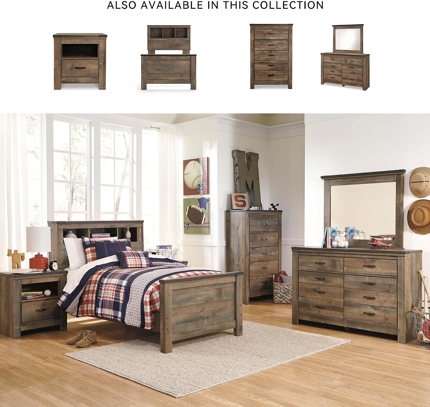 Signature Design by Ashley Trinell Casual Twin Bookcase Panel Bed with Metal Slats and Nailheads, Foundation or Box Spring Needed, Dark Brown