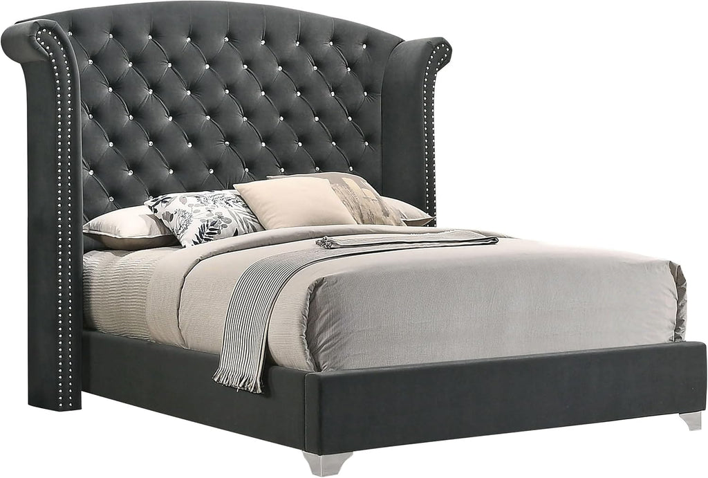 Coaster Home Furnishings Melody Modern Classic 5-Piece Bedroom Set Velvet Upholstered Queen Size Wingback Bed Frame 66-inch Headboard Grey 223381Q-S5