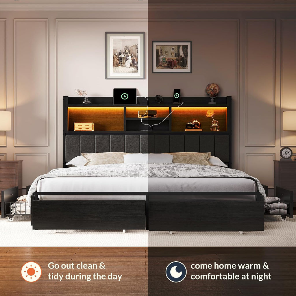LARMACE King Bed Frame with 6 Storage Drawers, Bed Frame King Size with Linen Upholstered Headboard, Built in Charging Station and LED, No Noise, Metal Support, No Box Spring Needed,Vintage Black