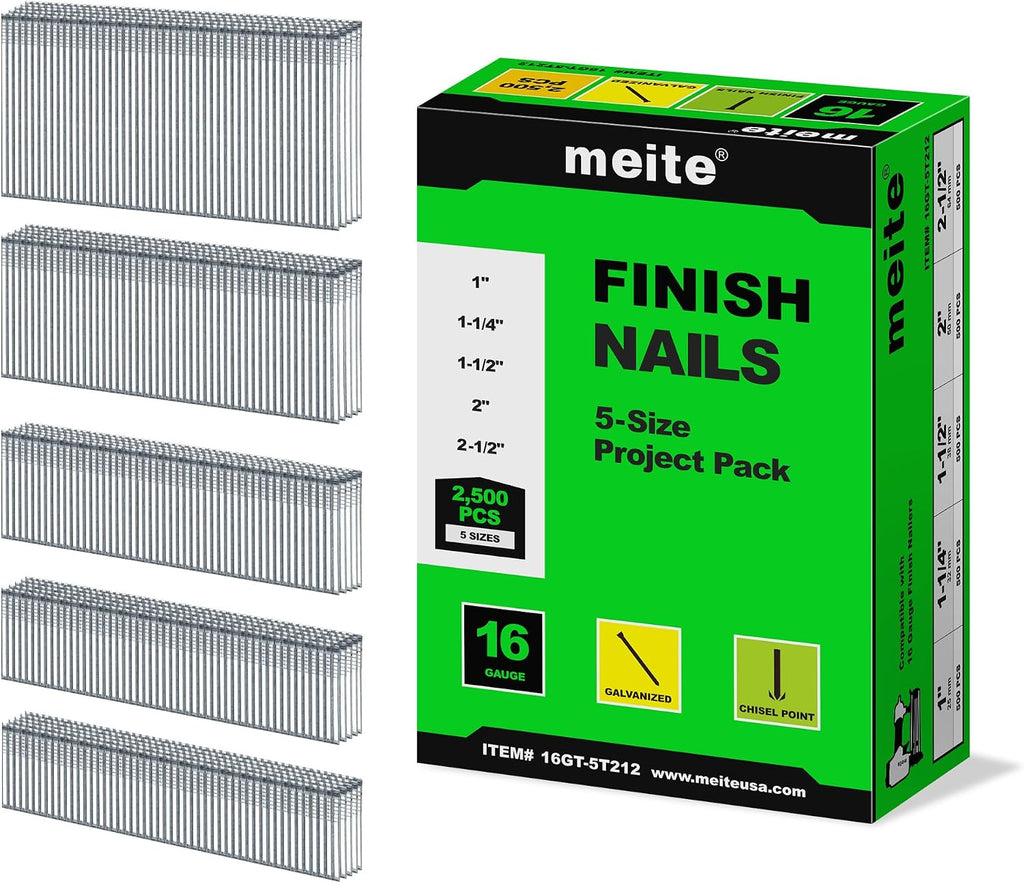 meite 16 Gauge Finish Nails 5 Sizes Assorted Set 30,000PCS Galvanized Straight Finish Nails for Pneumatic Cordless Finish Nailer on Crown Molding Cabinetry (1', 1-1/4', 1-1/2', 2', 2-1/2')