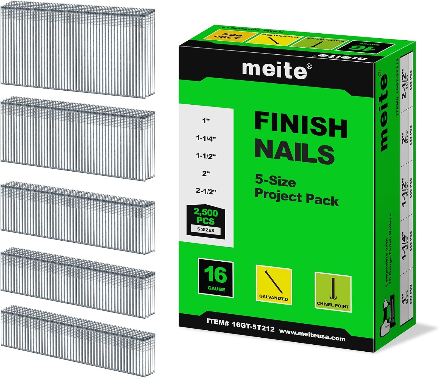 meite 16 Gauge Finish Nails 5 Sizes Assorted Set 30,000PCS Galvanized Straight Finish Nails for Pneumatic Cordless Finish Nailer on Crown Molding Cabinetry (1', 1-1/4', 1-1/2', 2', 2-1/2')