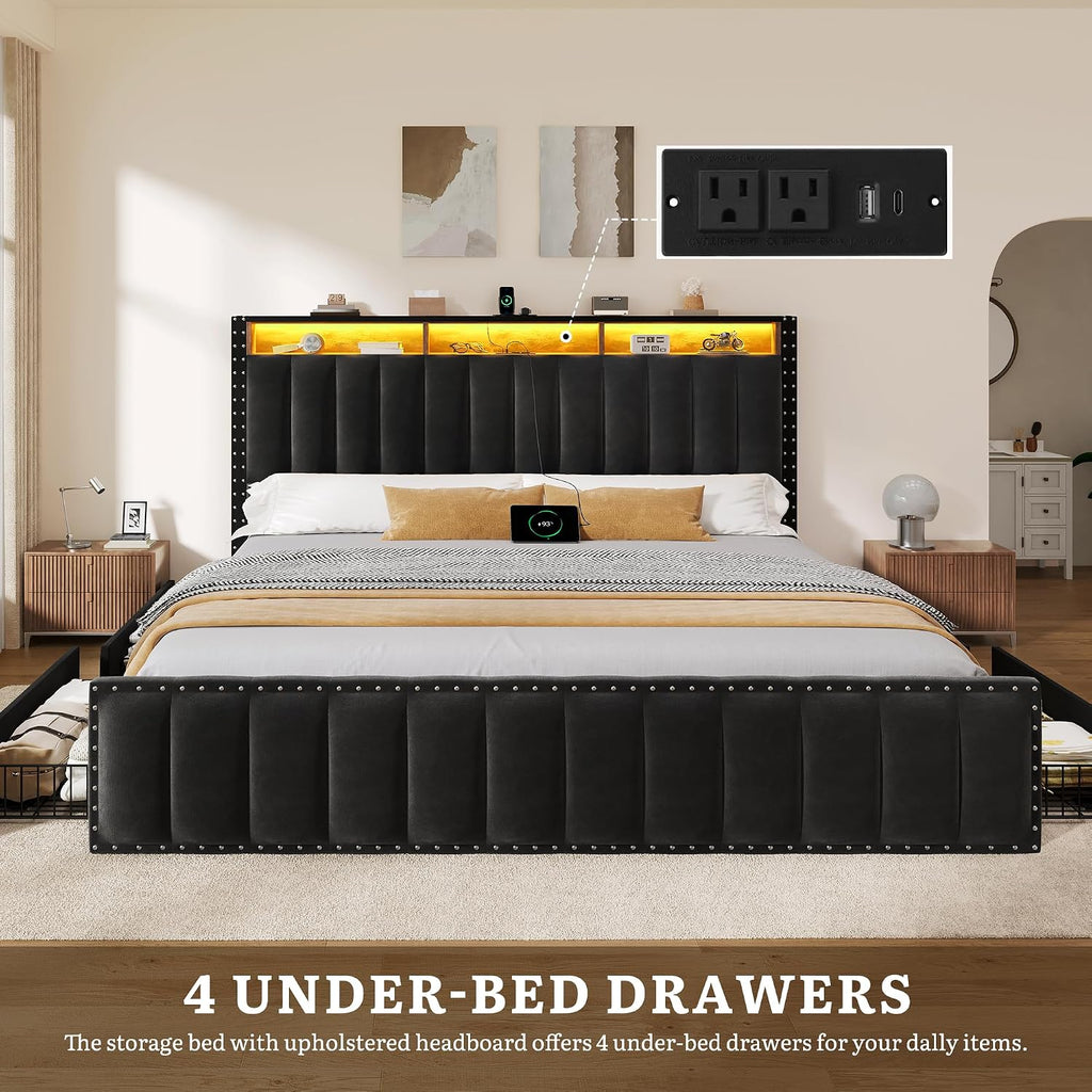 YITAHOME King Size Bed Frame with 4 Storage Drawers and RGB LED Lights, Velvet Upholstered Platform Bed with Charging Station and Bookcase Storage Headboard, No Box Spring Needed, Easy Assembly, Black