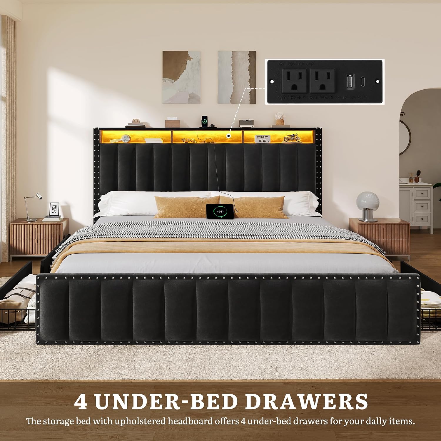 YITAHOME King Size Bed Frame with 4 Storage Drawers and RGB LED Lights, Velvet Upholstered Platform Bed with Charging Station and Bookcase Storage Headboard, No Box Spring Needed, Easy Assembly, Black