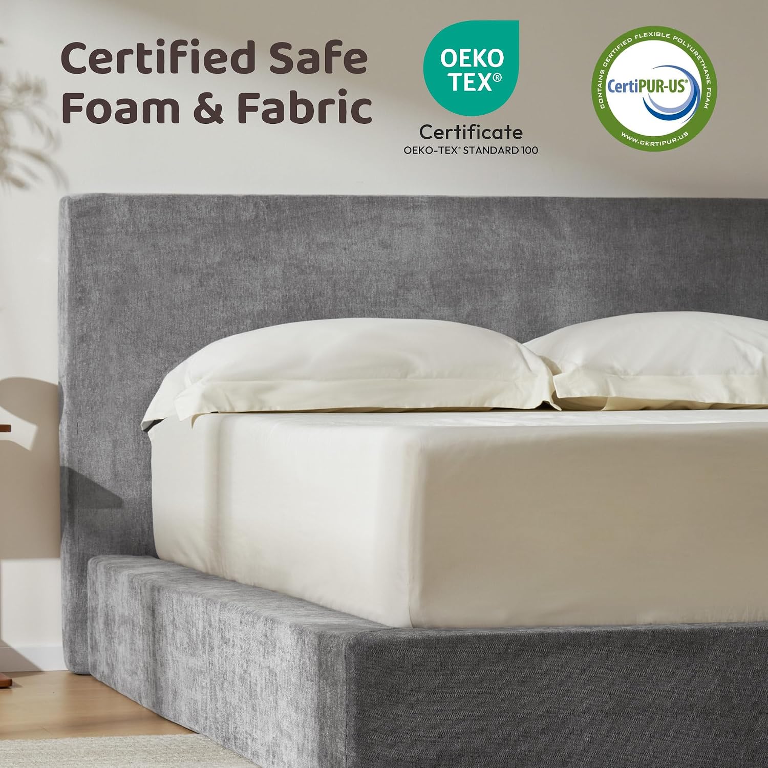 RECCI AirFrame Queen Bed Frame with Headboard, Cloud Upholstered Platform Bed Frame, 5 Inch Foam Cushioned, No Box Spring, Easy Assembly(Moon Grey)