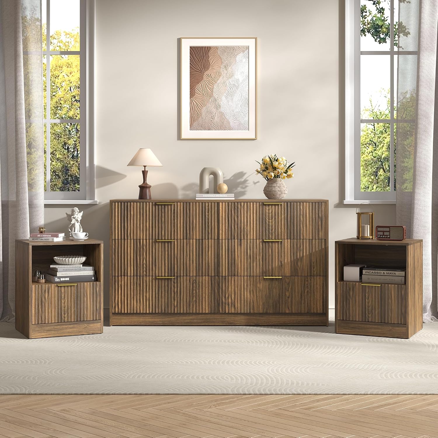 3-Piece Modern Bedroom Furniture Set, Wide 6-Drawer Dresser & 1-Drawer Nightstands Set of 2, Natural Wood Dresser and Nightstand Sets for Bedroom, Hallway, Walnut