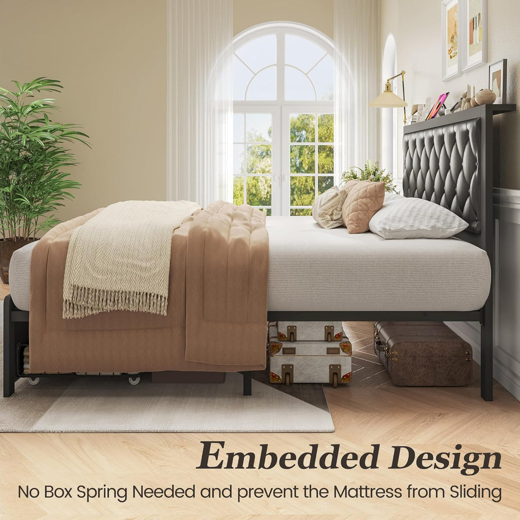 Fluest Queen Bed Frame with 2 Storage Drawers, Upholstered Headboard Button Tufted Bed Frame with Charging Station, No Box Spring Needed, Noise-Free, All Metal Structure, Black