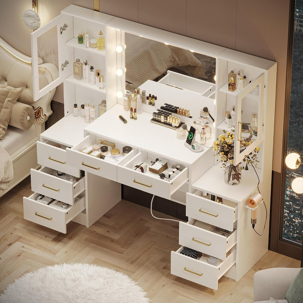 TOKSOM White Vanity Desk with Mirror, Lights & Charging Station, 58' 3 Lighting Modes Makeup Desk with 8 Drawers, 2 Cabinets and Lots Storage, Dressing Table Vanity Set with Lighted Mirror