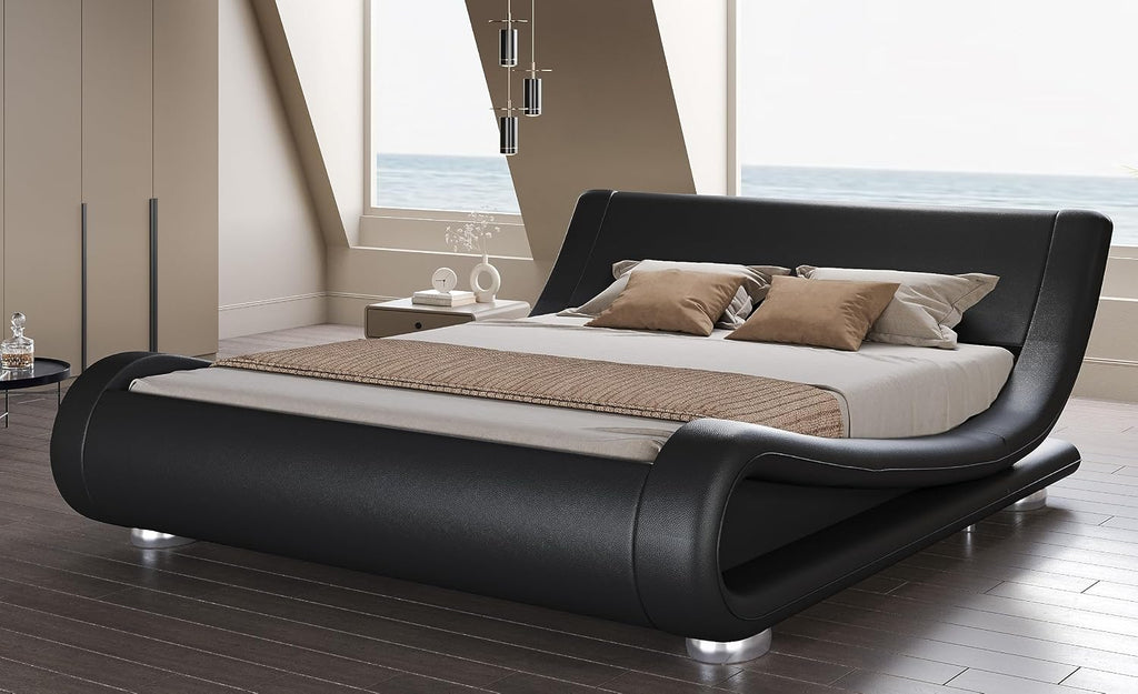 SHA CERLIN Full Size Upholstered Bed Frame, Deluxe Low Profile Sleigh Bed with Faux Leather Ergonomics Headboard, No Box Spring Needed & Easy Assembly, Black