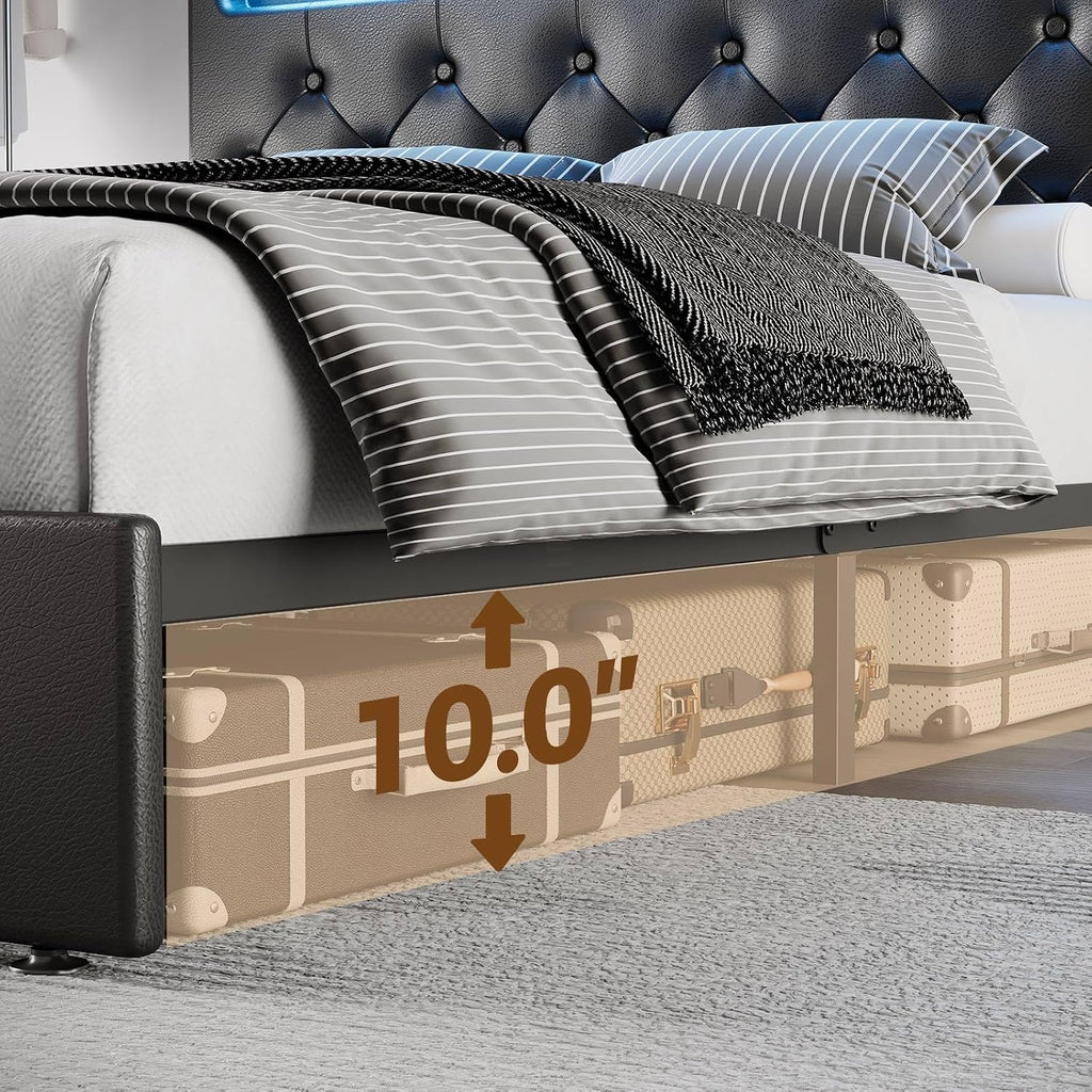 Rolanstar Full Size Bed Frame with Charging Station, LED Bed with Under Bed Storage, Adjustable Headboard 38.9/40.8 Inches, No Box Spring Needed, Noise Free, Easy Assembly, Black