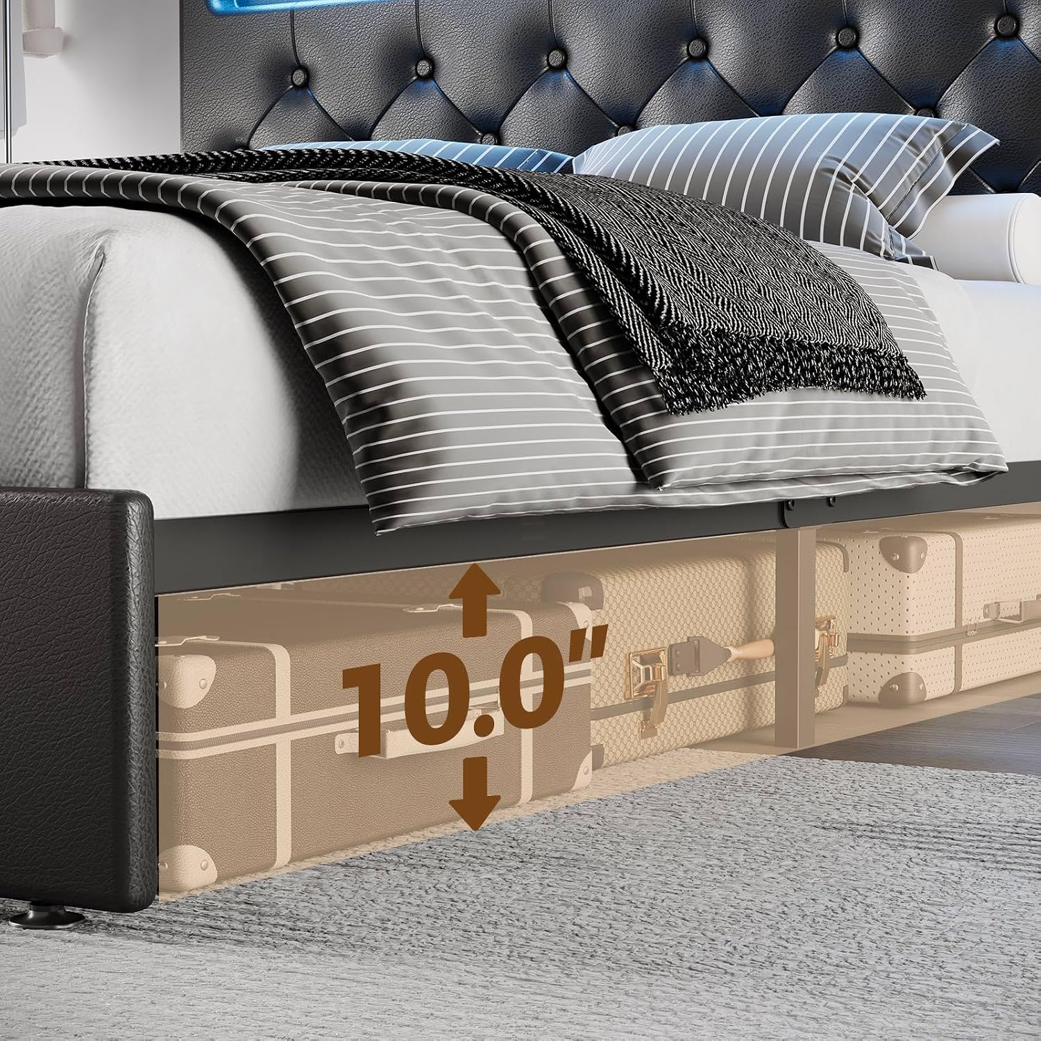 Rolanstar Full Size Bed Frame with Charging Station, LED Bed with Under Bed Storage, Adjustable Headboard 38.9/40.8 Inches, No Box Spring Needed, Noise Free, Easy Assembly, Black