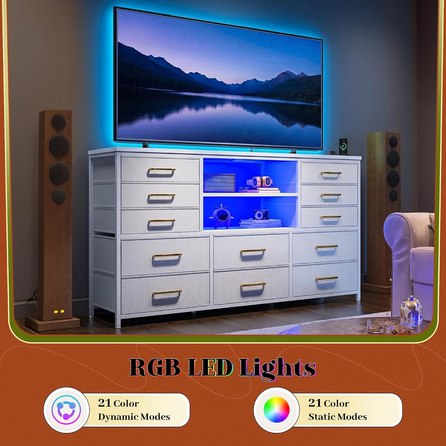 EnHomee 12 Drawers Dresser for Bedroom with LED Lights & Charging Station, TV Stands for 55/60'' TV, Fabric Dressers & Chests of Drawers with 3 Wooden Shelves for Hallway,Sturdy,White