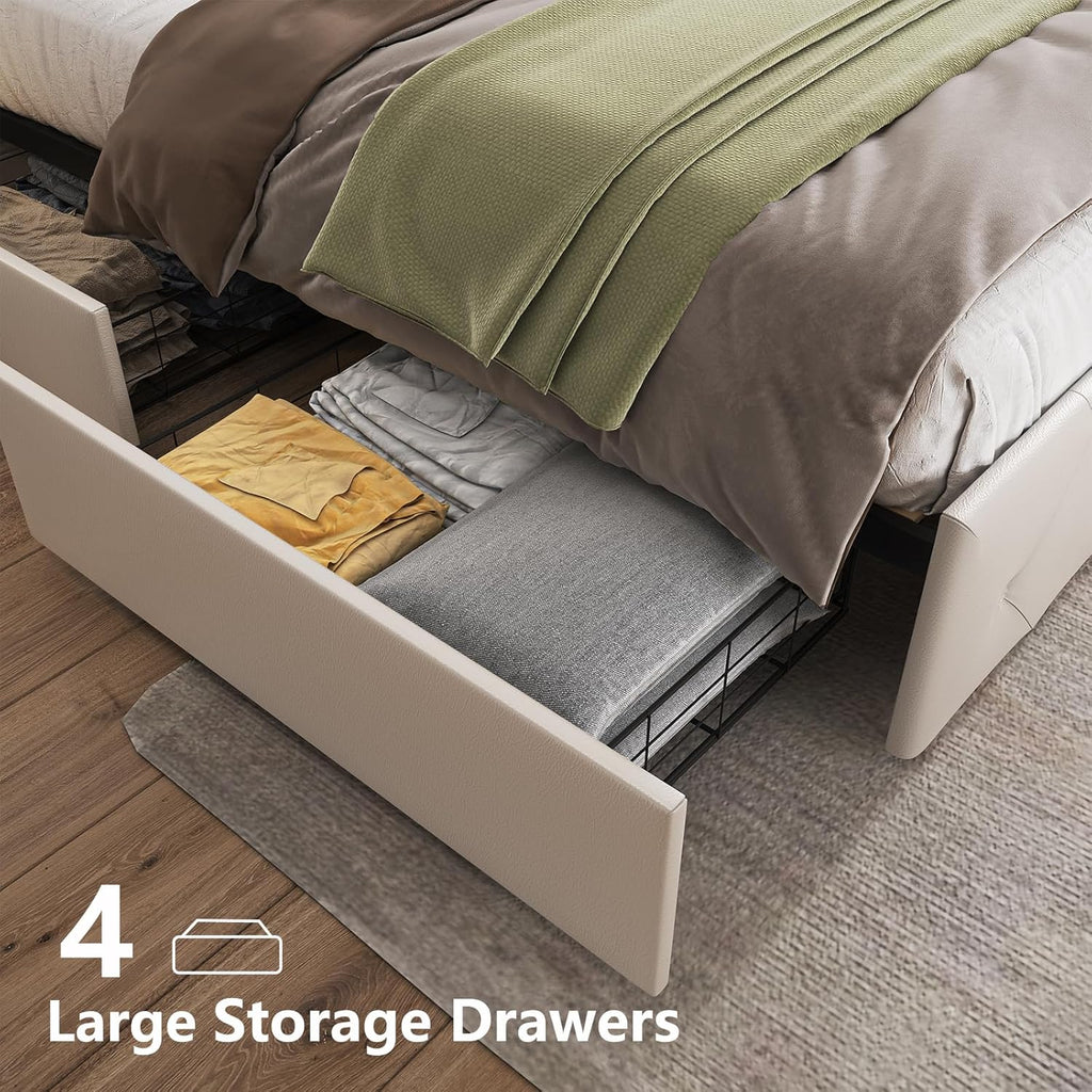 Benevika Queen Size Bed Frame with 4 Drawers and Adjustable LED Headboard, PU Leather Upholstered Platform Storage Bed with Charging Station, Wooden Slats Support, No Box Spring Needed, White