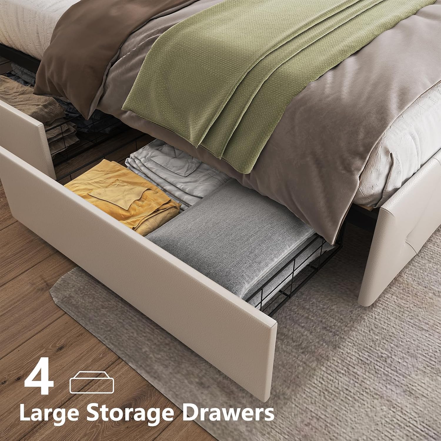 Benevika Full Size Bed Frame with 4 Drawers and LED Light, Charge Station, PU Leather Upholstered Platform Storage Bed with Adjustable Headboard, Wooden Slats Support, No Box Spring Needed, White