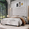Jocisland King Size Bed Frame 61.4' Extra Tall Wingback Headboard Velvet Upholstered Deep Button Tufted Platform Bed with Solid Wood Legs & Wood Slats, No Box Spring Needed, Cream
