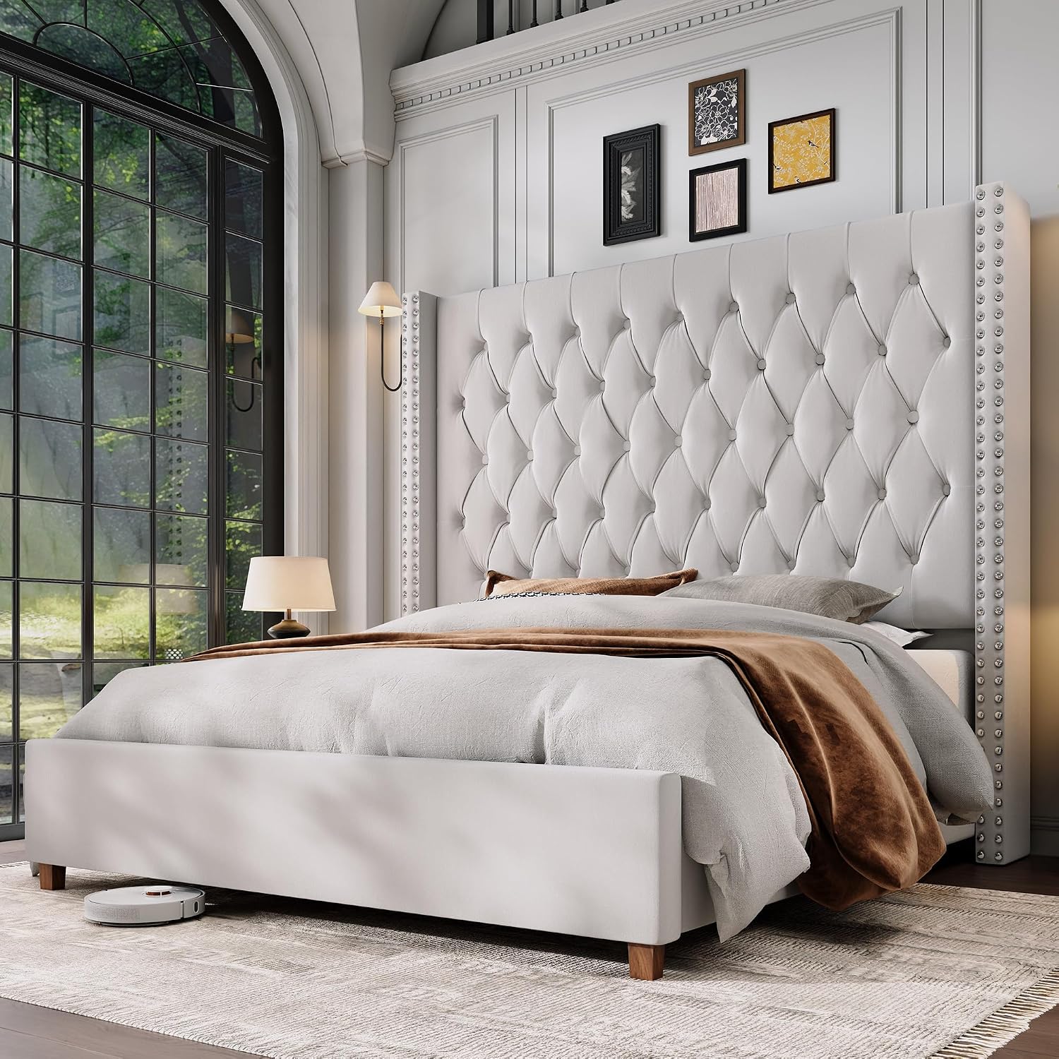 Jocisland King Size Bed Frame 61.4' Extra Tall Wingback Headboard Velvet Upholstered Deep Button Tufted Platform Bed with Solid Wood Legs & Wood Slats, No Box Spring Needed, Cream