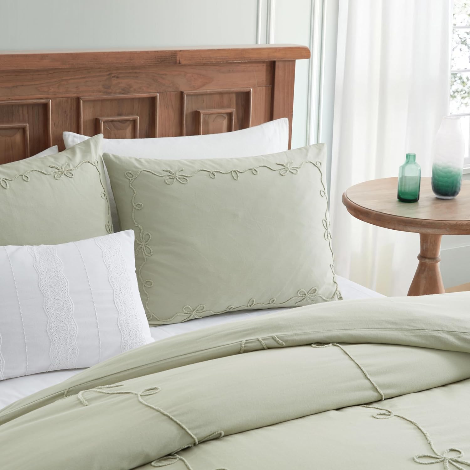 Peri Home Bows Bedding Cottage Core 100% Cotton 3-Piece Comforter and Sham Set, King, Green Sasha Bows