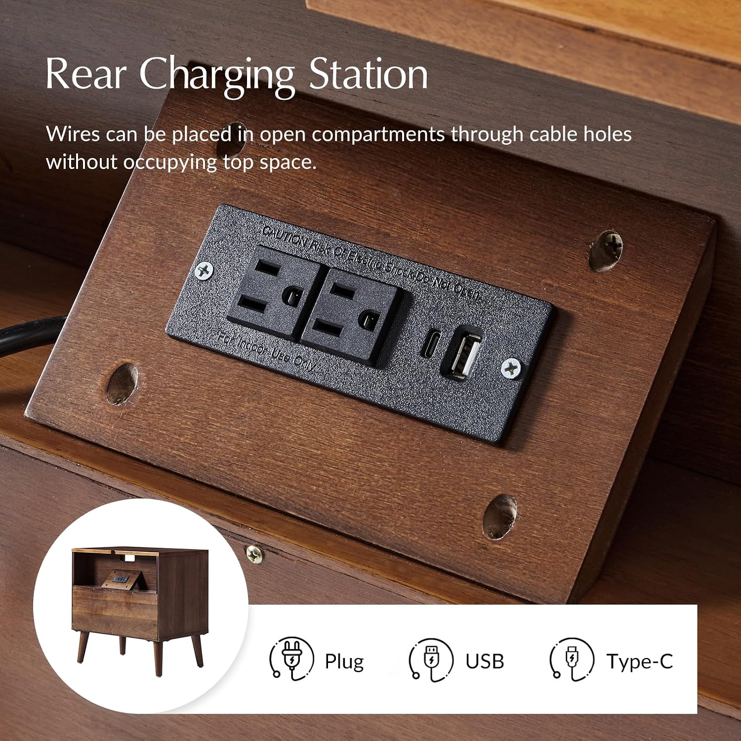 HULALA HOME Mid Century Modern Nightstand with Solid Wood Legs,Drawer Organizer with Charging Station, Geometric Pattern Nightstand, Walnut