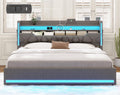 busyaeh California King Bed Frame with Marshmallow Headboard and Storage, Cal King Bed Frame with LED Lights & Charging Station, Upholstered Platform Bed with Metal Support, No Noise, Gray