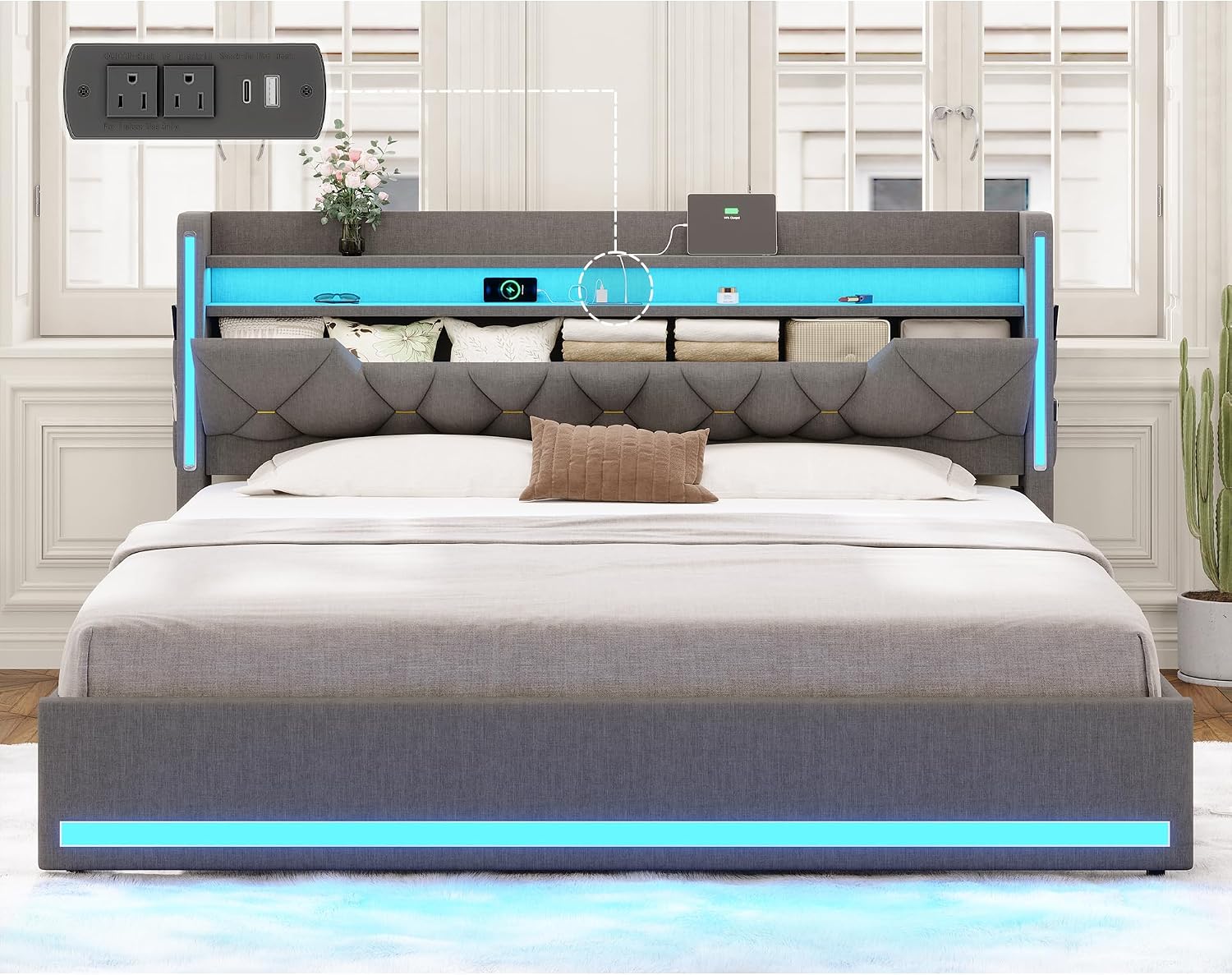 busyaeh California King Bed Frame with Marshmallow Headboard and Storage, Cal King Bed Frame with LED Lights & Charging Station, Upholstered Platform Bed with Metal Support, No Noise, Gray