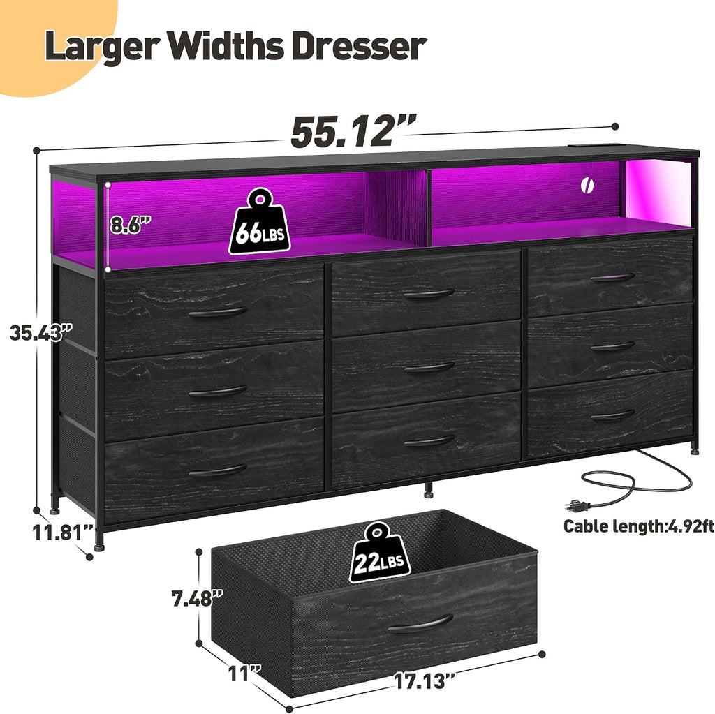 55'W Dresser for Bedroom with Charging Station & LED Light, 65/55/50 Inch TV Stand with 9 Fabric Drawers, Sturdy Dressers & Chest of Drawers with 2 Wood Open Shelves,Metal Frame,Black Oak Wood Look