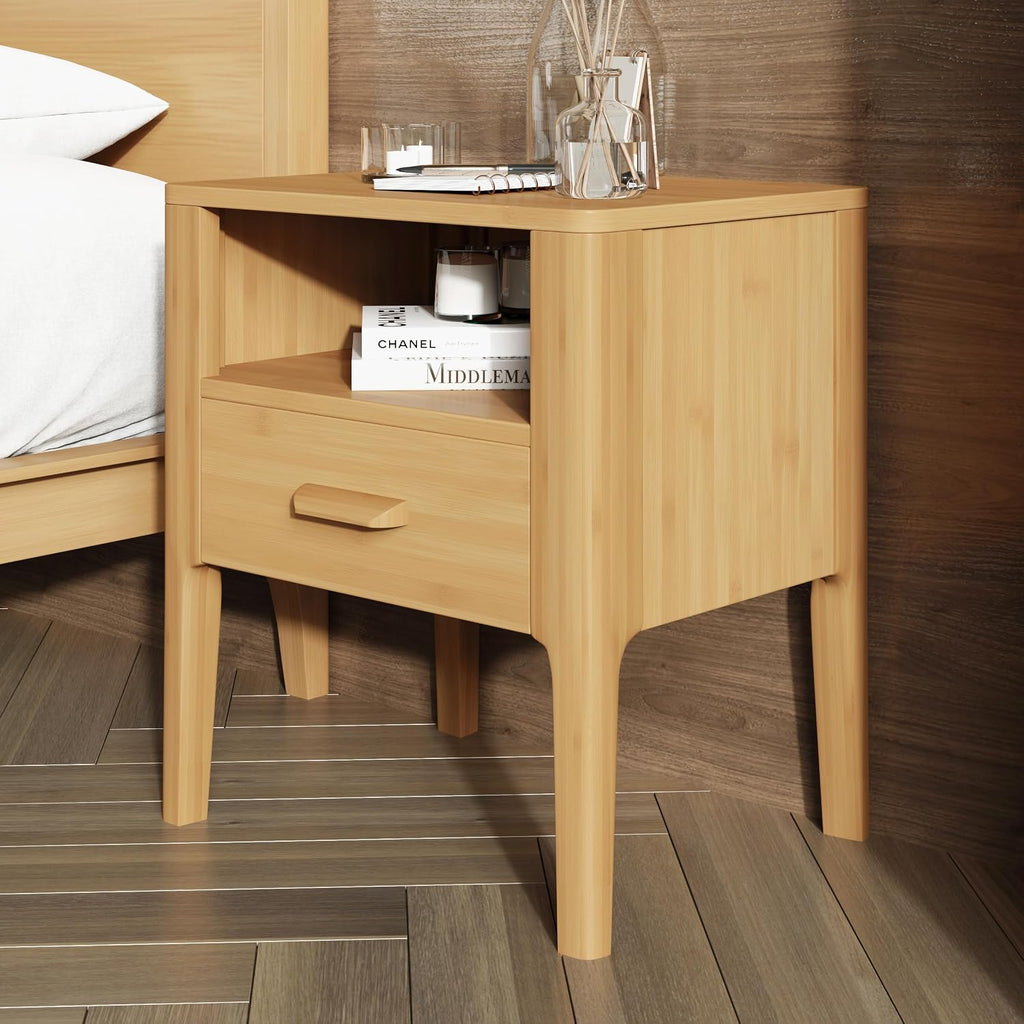 Merax 3 Pieces Bamboo Bedroom Sets, Mid-Century Modern Queen Size Platform Bed with Tall Headboard, Storage Drawer Night Stands Set, Wood Slats Support, No Box Spring Needed, Easy Assembly, Natural