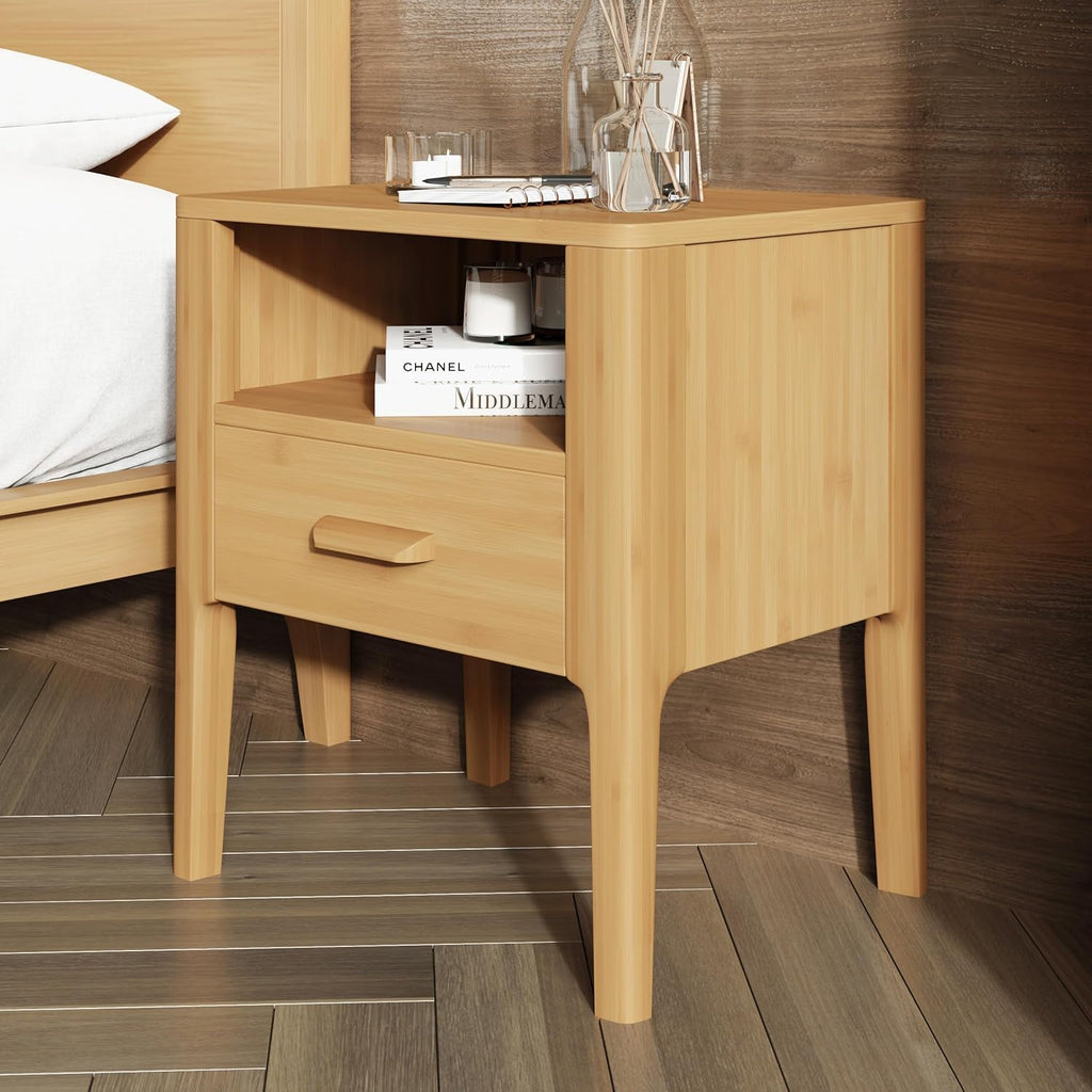 Merax 3 Pieces Bamboo Bedroom Sets, Mid-Century Modern Full Size Platform Bed with Tall Headboard, Storage Drawer Night Stands Set, Wood Slats Support, No Box Spring Needed, Easy Assembly, Natural