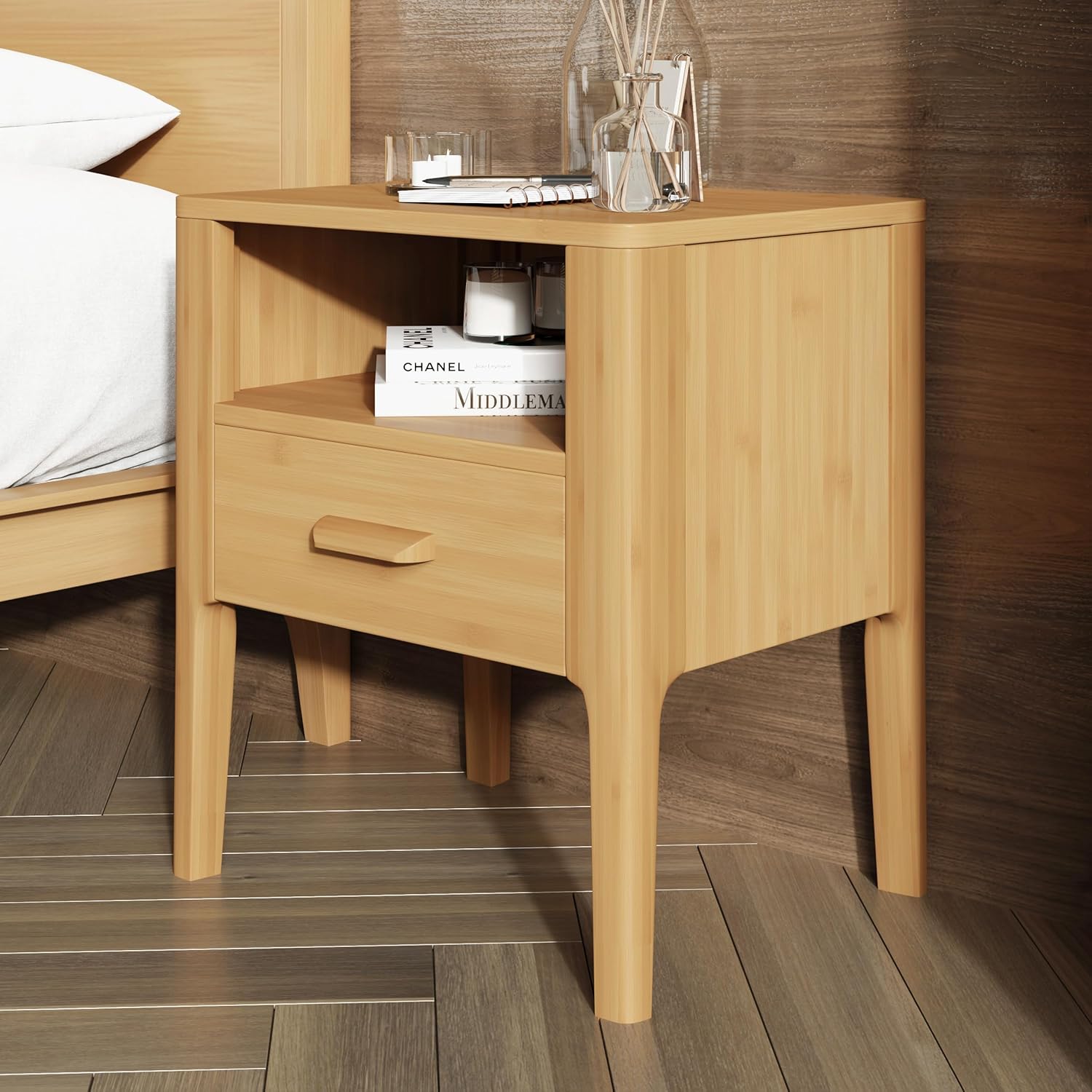 Merax 3 Pieces Bamboo Bedroom Sets, Mid-Century Modern Full Size Platform Bed with Tall Headboard, Storage Drawer Night Stands Set, Wood Slats Support, No Box Spring Needed, Easy Assembly, Natural