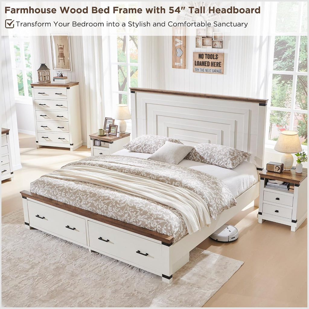 RedLemon Farmhouse King Size Bed Frame w/ 54' Tall Geometric Headboard, Rustic Wood Platform Bed w/ 2 Large Storage Drawers, Wood Slats Support, Noise Free, No Box Spring Needed, Antique White