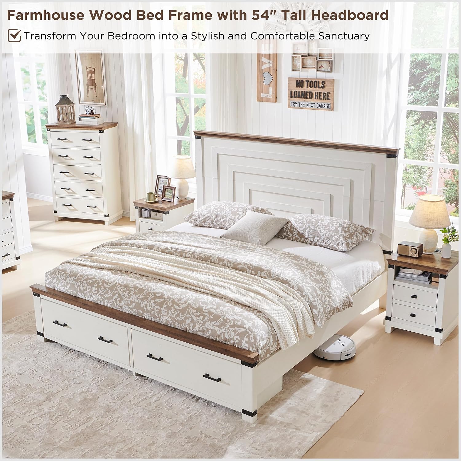 RedLemon Farmhouse King Size Bed Frame w/ 54' Tall Geometric Headboard, Rustic Wood Platform Bed w/ 2 Large Storage Drawers, Wood Slats Support, Noise Free, No Box Spring Needed, Antique White
