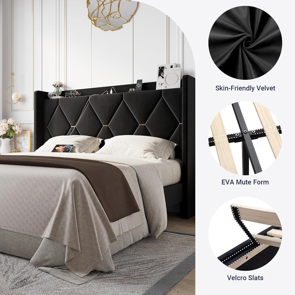 Allewie Velvet Full Size Upholstered Bed Frame with Wingback Storage Headboard & Charging Station, Platform Bed with Diamond Tufted Design & Gold Trim, No Box Spring Needed, Easy Assembly, Black