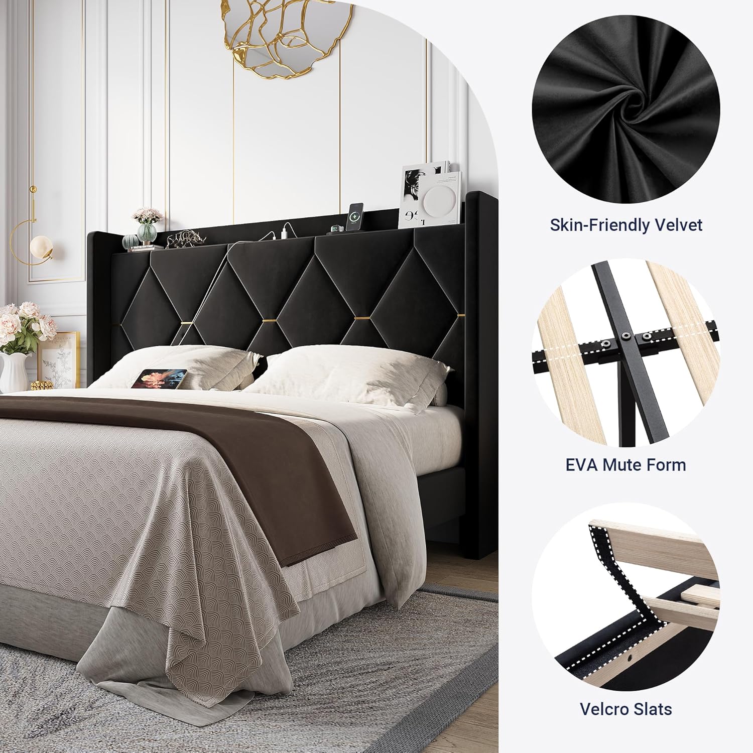 Allewie Velvet Full Size Upholstered Bed Frame with Wingback Storage Headboard & Charging Station, Platform Bed with Diamond Tufted Design & Gold Trim, No Box Spring Needed, Easy Assembly, Black