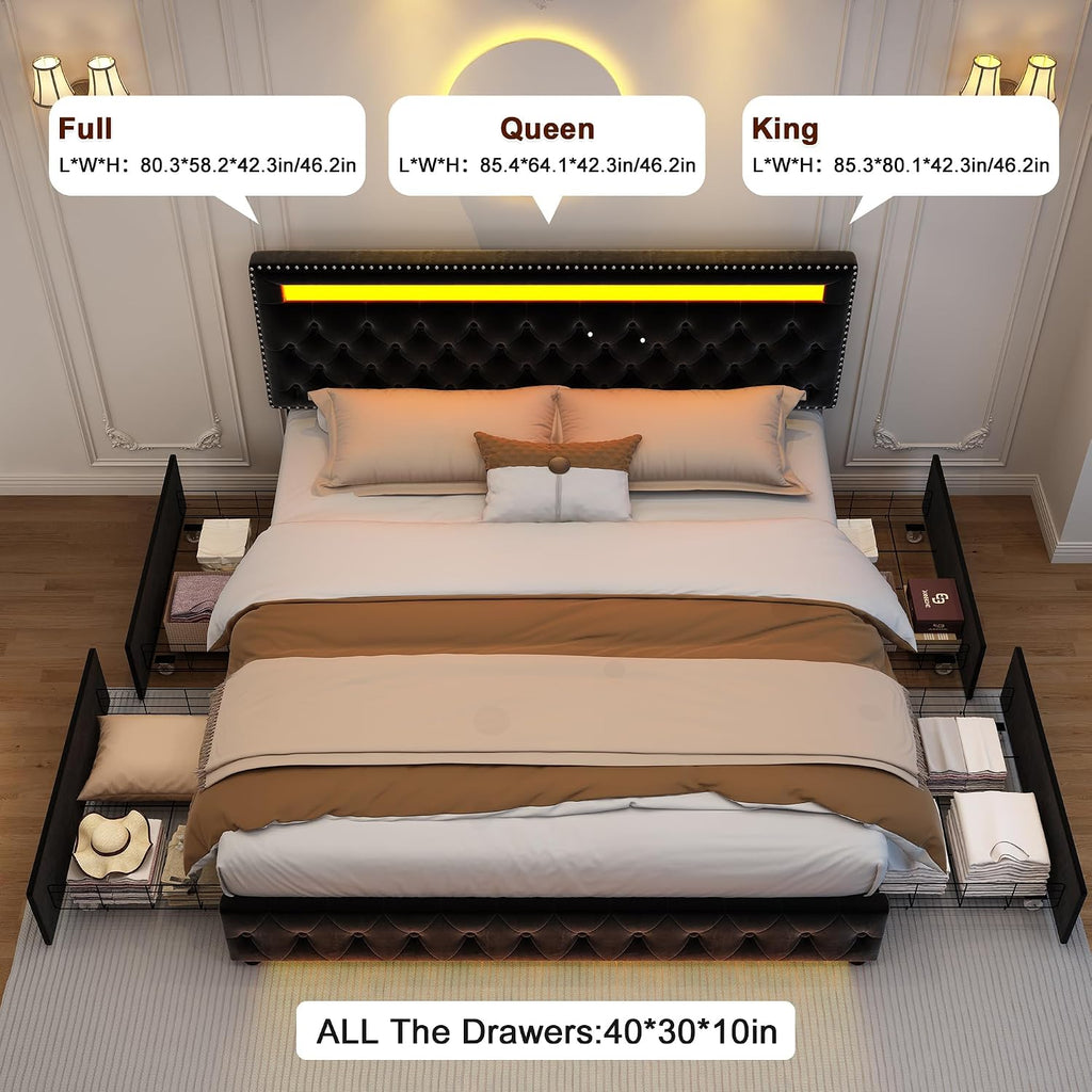 GEGOFORU Full Led Bed Frame with 4 Storage Drawers, with Smart Control RGBW LED Lights Headboard Footboard, Control DIY Color, Box Spring Optional, Black-Velvet