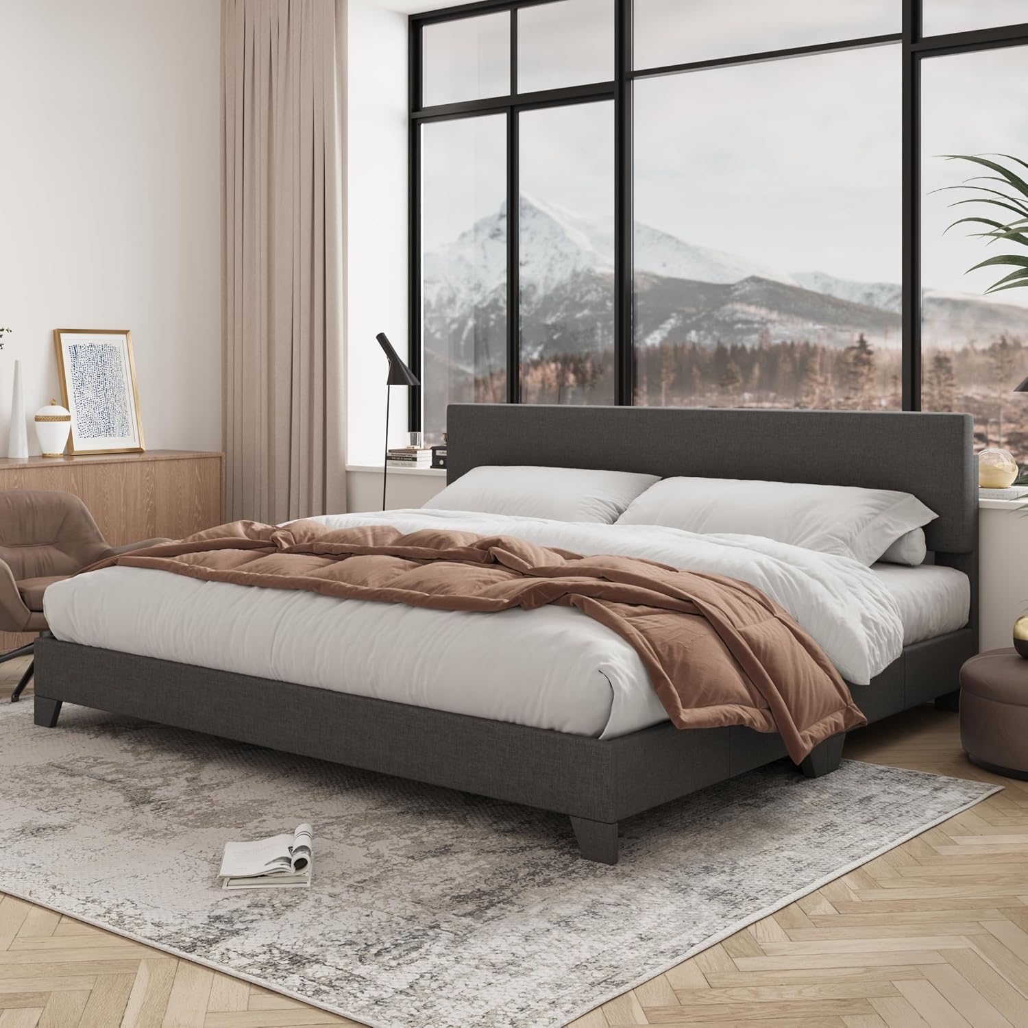 Allewie King Size Bed Frame with Adjustable Headboard, Upholstered Platform Bed with Wood Slats, Heavy Duty Mattress Foundation, No Box Spring Needed, Noise-Free, Easy Assembly, Dark Grey