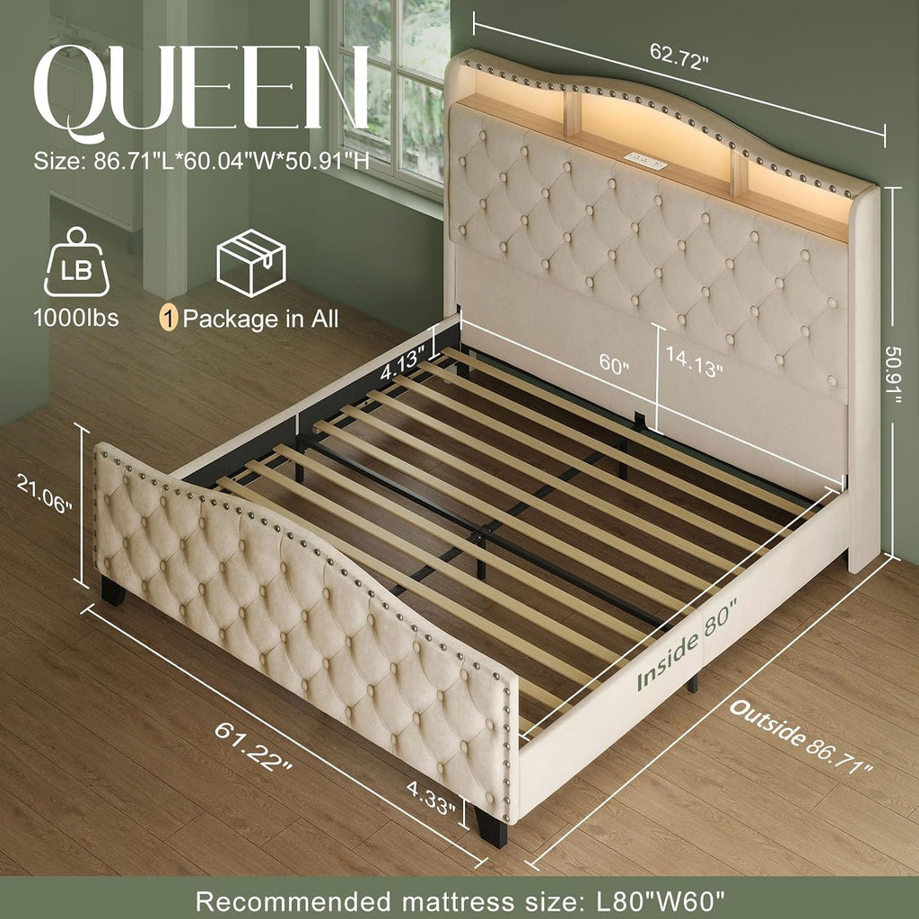 Belffin Queen Size Bed Frame and Headboard, 50.9' Velvet Upholstered Wingback Bedframe with LED Lights & Storage/Charging Station, Button Tufted Tall Footboard, No Box Spring Needed, Noise-Free, Beige