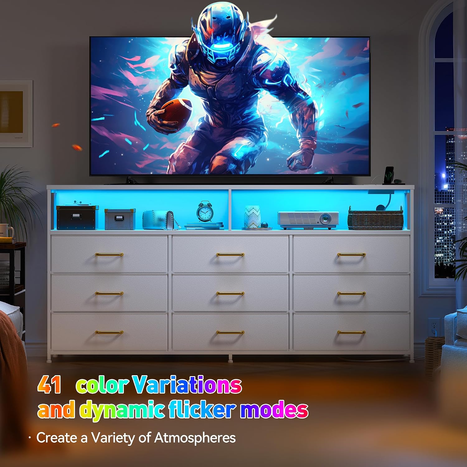 EnHomee 55' W White Dresser for Bedroom with Charging Station & LED Light, 65 Inch TV Stand with 9 Fabric Drawers, Sturdy Dressers & Chest of Drawers with 2 Wood Open Shelves,55.12' Wx11.81 Dx35.43 H