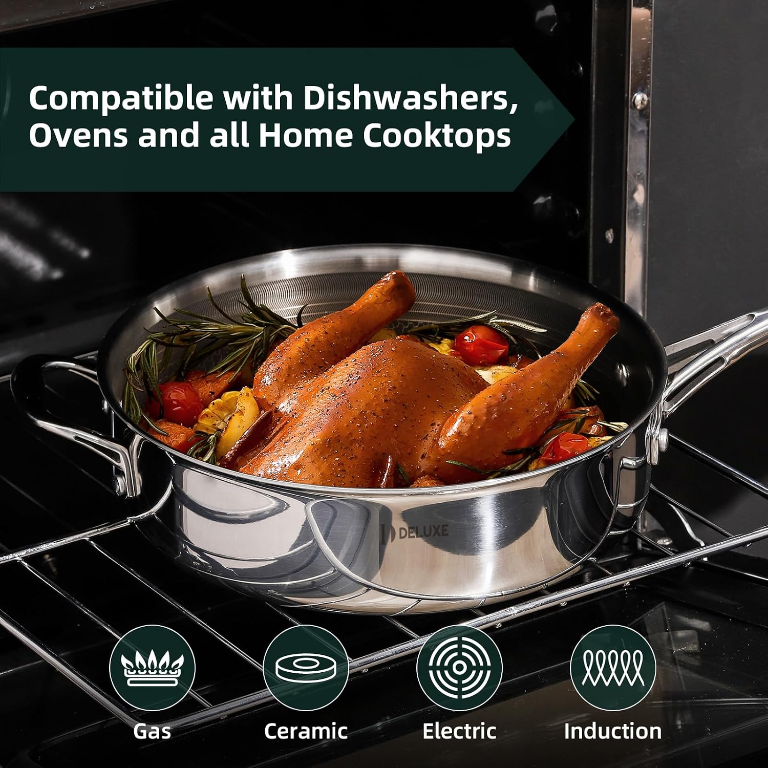 DELUXE Hybrid Ceramic Nonstick 3.7 Qt Deep Sauté Pan with Lid, Stainless Steel Skillet with Stay-Cool Handles, Dishwasher and Oven-Safe, PFOA Free Deep Frying Pan, Compatible with All Cooktops