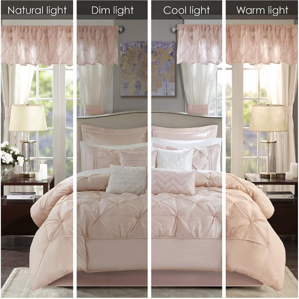 Madison Park Essentials Room in a Bag Faux Silk Comforter Set - Luxe Diamond Tufting All Season Bedding, Matching Curtains, Decorative Pillows, Blush King(104'x92') 24 Piece