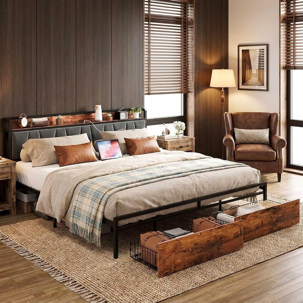 LIKIMIO King Size Bed Frame, Storage Headboard with Charging Station, Platform Bed with Drawers, No Box Spring Needed, Easy Assembly, Industrial Brown and Gray