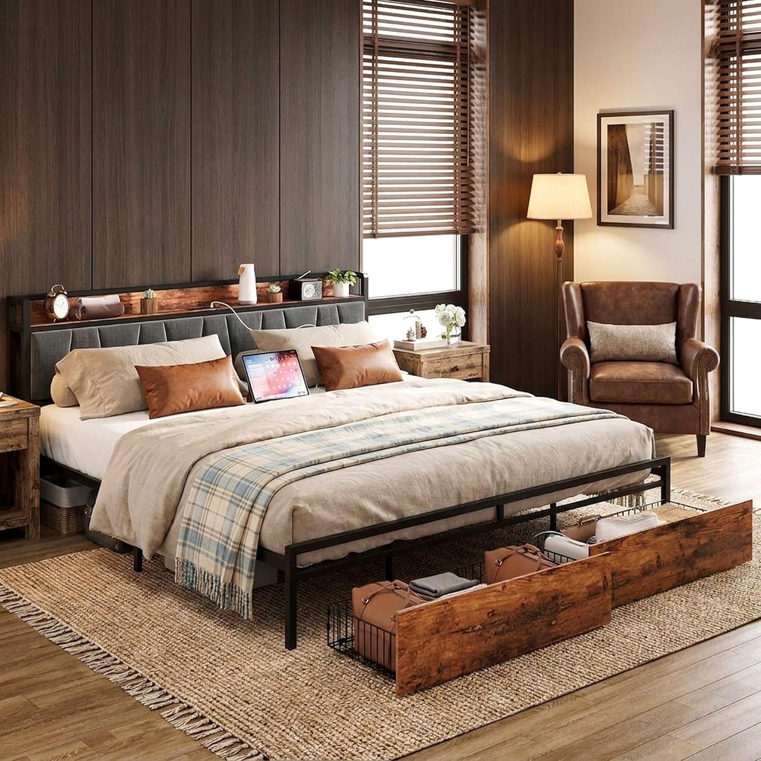 LIKIMIO King Size Bed Frame, Storage Headboard with Charging Station, Platform Bed with Drawers, No Box Spring Needed, Easy Assembly, Industrial Brown and Gray
