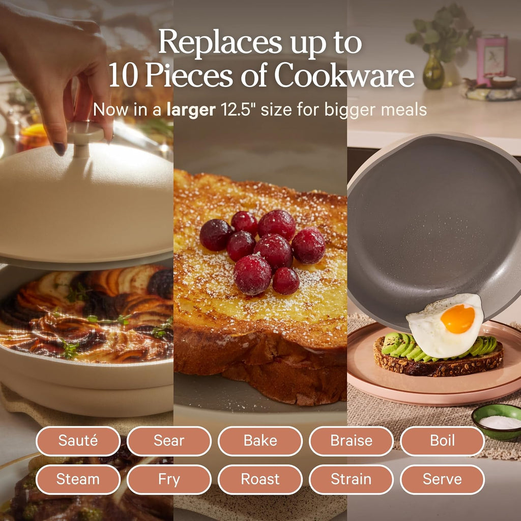 Our Place Large Always Pan | 12.5' Ceramic Pan with Modular Lid & Beechwood Spatula | Patented 10-in-1 Nonstick, Non-Toxic Cookware Made Without PFAS | Induction & Oven-Safe up to 450°F | Steam